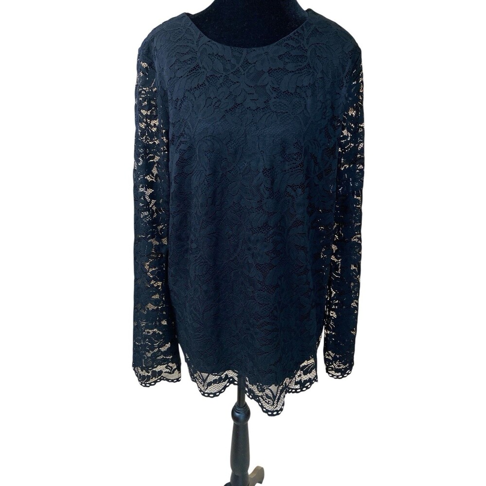 Company‎ Ellen Tracy Women's Knit Top Lace Black Size L Blouse Long Sleeve